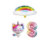 Bulutlu Gökkuşağı Unicorn Kedi Folyo ve Rakam Balon Seti Yaş 8