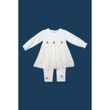 Bumefa Kız Bebek Fisto Dantelli Elbise-Taytlı ve Çiçek Motif Detaylı Bebek Elbisesi - 6 Ay - Beyaz