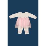 Bumefa Kız Bebek Fisto Dantelli Elbise-Taytlı ve Çiçek Motif Detaylı Bebek Elbisesi - 9 - 12 Ay - Beyaz - Pembe