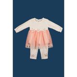 Bumefa Kız Bebek Fisto Dantelli Elbise-Taytlı ve Çiçek Motif Detaylı Bebek Elbisesi - 9 - 12 Ay - Beyaz - Somon