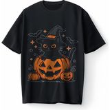 Bumeta Halloween Kedi Bal Kabağı Pumpkin Oversize Unisex Tişört T-Shirt - Siyah