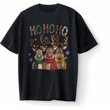Bumeta Ho Ho Ho Noel Geyiği Yılbaşı Oversize Unisex Tişört T-Shirt - Siyah - 2XL
