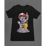 Bumeta Pokemon Pikachu ve Ash Ketchum Chibi Çizgi Film Dizi Unisex Tişört T-Shirt - Siyah - 2XL