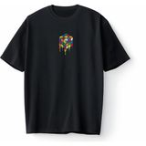 Bumeta Rubik Zeka Küpü Renkli Kombinasyon Akışkan Baskılı Oversize Unisex Tişört T-Shirt - Siyah