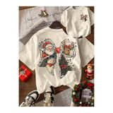 BUMİVERSAL Christmas Baskılı Kadın Oversize Tişört - Santa geyik kardan adam yılbaşı