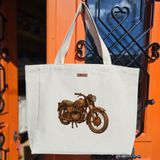 Bumudur Aksesuar Ahşap Görünümlü Eski Motosiklet Wooden Textured Vintage Motorcycle Baskılıı Naturel Kanvas Bez Çanta Sap Beyaz Cırt Cırtlı Suluk Tutuculu - Büyük - Büyük Baskı - 130-Krem Rengi