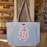 Bumudur Aksesuar Çiçek Açan Kiraz Dalları Cherry Blossom Branches Baskılı Naturel Kanvas Bez Çanta Açık Kahve Sap Beyaz Cırt Cırtlı Suluk Tutuculu - Büyük - Büyük Baskı - 130-Krem Rengi