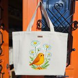 Bumudur Aksesuar Çiçekler Arasındaki Neşeli Kuş Happy Bird Among Flowers Baskılıı Naturel Kanvas Bez Çanta Sap Beyaz Cırt Cırtlı Suluk Tutuculu - Büyük - Büyük Baskı - 130-Krem Rengi