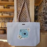 Bumudur Aksesuar Çiçekli Retro Fotoğraf Makinesi Kanvas Çanta - Büyük - Büyük Baskı - 130-Krem Rengi