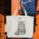 Bumudur Aksesuar Gri Kedi Portresi Gray Cat Portrait Baskılıı Naturel Kanvas Bez Çanta Sap Beyaz Cırt Cırtlı Suluk Tutuculu - Büyük - Büyük Baskı - 130-Krem Rengi
