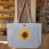 Bumudur Aksesuar Günebakan Çiçeği Deseni Sunflower Design Baskılı Naturel Kanvas Bez Çanta Açık Kahve Sap Beyaz Cırt Cırtlı Suluk Tutuculu - Büyük - Büyük Baskı - 130-Krem Rengi