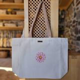 Bumudur Aksesuar Mor Çiçek Detayı Flower Detail Baskılı Naturel Kanvas Bez Çanta Açık Kahve Sap Beyaz Cırt Cırtlı Suluk Tutuculu - Küçük - Küçük Baskı - 130-Krem Rengi
