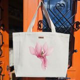 Bumudur Aksesuar Pembe Çiçek Motifi Pink Flower Motif Baskılıı Naturel Kanvas Bez Çanta Sap Beyaz Cırt Cırtlı Suluk Tutuculu - Büyük - Büyük Baskı - 130-Krem Rengi