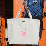 Bumudur Aksesuar Pembe Flamingoların Dansı Baskılı Naturel Kanvas Bez Çanta Sap Beyaz Cırt Cırtlı Suluk Tutuculu - Küçük - Küçük Baskı - 130-Krem Rengi