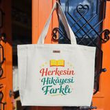 Bumudur Aksesuar Sarı Kitap Açık Logo Kırmızı ve Yeşil Yazı Stili Tasarımı Baskılı Naturel Kanvas Bez Çanta Sap Beyaz Cırt Cırtlı Suluk Tutuculu - Büyük - Büyük Baskı - 130-Krem Rengi