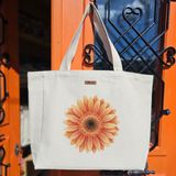 Bumudur Aksesuar Şeftali Renkli Papatya Tasarımı Peach Colored Daisy Design Baskılıı Naturel Kanvas Bez Çanta Sap Beyaz Cırt Cırtlı Suluk Tutuculu - Büyük - Büyük Baskı - 130-Krem Rengi