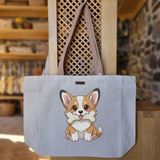 Bumudur Aksesuar Sevimli Corgi ile Kemik Cute With A Bone Baskılı Naturel Kanvas Bez Çanta Açık Kahve Sap Beyaz Cırt Cırtlı Suluk Tutuculu - Büyük - Büyük Baskı - 130-Krem Rengi