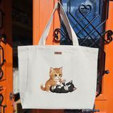 Bumudur Aksesuar Sevimli Kedi Dostları Cute Cat Friends Baskılıı Naturel Kanvas Bez Çanta Sap Beyaz Cırt Cırtlı Suluk Tutuculu - Büyük - Büyük Baskı - 130-Krem Rengi