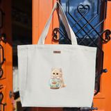 Bumudur Aksesuar Sevimli Kedi ve Balık Cute Cat And Fish Baskılıı Naturel Kanvas Bez Çanta Sap Beyaz Cırt Cırtlı Suluk Tutuculu - Küçük - Küçük Baskı - 130-Krem Rengi