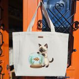 Bumudur Aksesuar Sevimli Kedi ve Balık Cute Cat And Fish Pastel Mavi Baskılıı Naturel Kanvas Bez Çanta Sap Beyaz Cırt Cırtlı Suluk Tutuculu - Büyük - Büyük Baskı - 130-Krem Rengi