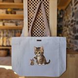 Bumudur Aksesuar Sevimli Kedi ve Fare Dostluğu Cute Cat And Mouse Friendship Baskılı Naturel Kanvas Bez Çanta Açık Kahve Sap Beyaz Cırt Cırtlı Suluk Tutuculu - Büyük - Büyük Baskı - 130-Krem Rengi