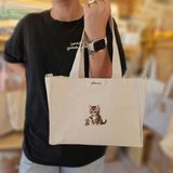 Bumudur Aksesuar Sevimli Kedi ve Fare Dostluğu Cute Cat And Mouse Friendship Baskılıı Mini Kanvas Bez Çanta Kalın Dik Durabilen Kumaş - Büyük - Büyük Baskı - 101-Bej