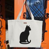 Bumudur Aksesuar Siyah Kedi Silueti Black Cat Silhouette Baskılıı Naturel Kanvas Bez Çanta Sap Beyaz Cırt Cırtlı Suluk Tutuculu - Büyük - Büyük Baskı - 130-Krem Rengi