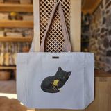 Bumudur Aksesuar Yeşil Gözlü Siyah Kedi ve Sarı Ip Black Cat Baskılı Naturel Kanvas Bez Çanta Açık Kahve Sap Beyaz Cırt Cırtlı Suluk Tutuculu - Büyük - Büyük Baskı - 130-Krem Rengi