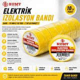 Bumy 10 Adet Tape Elektrik Izolasyon Bandı Sarı 0.13 mm x 19 MMX10 Yds Bant