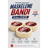 Bumy 3 Adet Ekonomik Maskeleme Bandı Bant Set 18 mm x 25 Metre Iz Bırakmayan Boya Bandı Güçlü Yapışkanlı Krep Kağıt