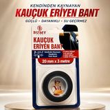 Bumy Kauçuk Eriyen Bant Yanmaz Su Geçirmez 20 mm x 3 Metre İzolasyon Güçlü Yapışkanlı Yalıtım Tamir Bandı - Siyah
