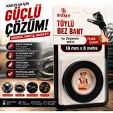 Bumy Yanmaz Tüylü Bez Bantı Kumaş 18 mm x 8 metre Isı Dayanımı 105°C Kablo Sarma İzolasyon Bandı Bantları - Siyah