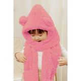 Bundeba Babykid Pembe Çocuk Balaklava Kapşonlu Peluş Bere Atkı Eldiven Welsoft Rüzgar Geçirmez Kulaklı Şapka