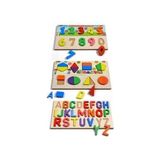 Bundera Ahşap Puzzle 3'ü 1 Arada Alfabe Geometri Sayılar Renkli Ahşap Parçalar 10 Parça