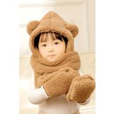 Bundera Babykid Çocuk Balaklava Kapşonlu Peluş Bere Atkı Eldiven Welsoft Rüzgar Geçirmez Kulaklı Şapka Kahve