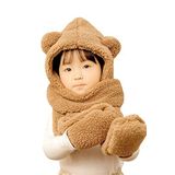 Bundera Babykid Çocuk Kapşonlu Peluş Bere Atkı Eldiven Welsoft Boyunluk Rüzgar Geçirmez Kulaklı Şapka (3-6 Yaş, Kahve)