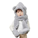 Bundera Babykid Çocuk Kapşonlu Peluş Bere Atkı Eldiven Welsoft Boyunluk Rüzgar Geçirmez Kulaklı Şapka (7-10 Yaş, Gri)