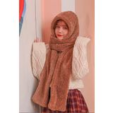 Bundera Kulaksız Scarf Kahve Balaklava Kapşonlu Kadın Peluş Bere Atkı Kadın Welsof Şal Rüzgar Geçirmez Şapka
