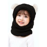 Bundera Panda Çocuk Balaklava Kapşonlu Peluş Bere Atkı Welsoft Boyunluk Rüzgar Geçirmez Kulaklı Şapka Siyah