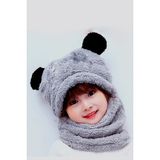 Bundera Panda Çocuk Kapşonlu Peluş Bere Atkı Welsoft Boyunluk Rüzgar Geçirmez Kulaklı Şapka (2-3 Yaş, Gri)