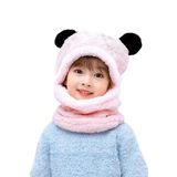 Bundera Panda Çocuk Kapşonlu Peluş Bere Atkı Welsoft Boyunluk Rüzgar Geçirmez Kulaklı Şapka (2-3 Yaş, Pembe)
