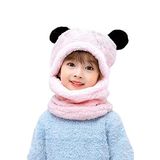 Bundera Panda Çocuk Kapşonlu Peluş Bere Atkı Welsoft Boyunluk Rüzgar Geçirmez Kulaklı Şapka (3-6 Yaş, Pembe)