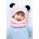 Bundera Panda Çocuk Kapşonlu Peluş Bere Atkı Welsoft Boyunluk Rüzgar Geçirmez Kulaklı Şapka (7-10 Yaş, Pembe)