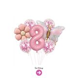 Bunloon 8 Yaş Pembe Rakam Kelebek Papatya Balon Set Parti Süsleme