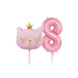 Bunloon 8 Yaş Retro Pembe Rakam Kedi Kafa Folyo Balon Set Parti Süsleme