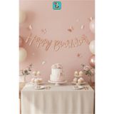 Bunloon Kaligrafi Banner Rose Gold Happy Birthday – 110 cm Parti ve Doğum Günü Süsü
