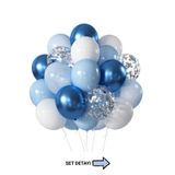 Bunloon Mavi Balon Seti 17 Adet Krom Mavi Makaron Mavi Beyaz ve Konfetili Şeffaf Balon Parti Süsleme