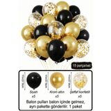Bunloon Siyah Krom Altın Şeffaf Konfetili Balon Seti 15 Parça Doğum Günü Parti Süsleme