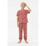 Bunny Hopp Erkek Çocuk Pijama Takımı %100 Pamuk Araba ve Iş Makineleri Desenli Yazlık Kısa Kollu - Kiremit - 5 - 6 Yaş