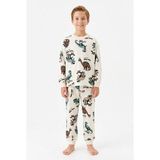 Bunny Hopp Erkek Çocuk Uzun Kollu Pijama Takımı %100 Pamuk Ekru Dinamik Dinozor Desenli Penye - 10 - 11 Yaş